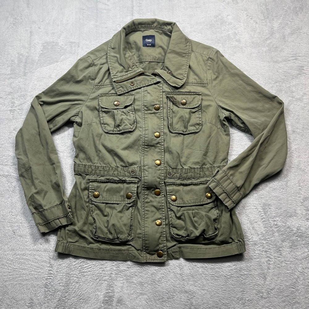 Gap Utility Jacket Womens Olive Green Military Field Coat Zip Snap Front M